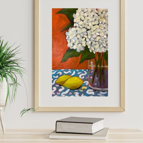 Original Acrylic Hydrangeas Still Life Painting  Farmhouse Wall Decor Retro Art - Picture 7 of 8